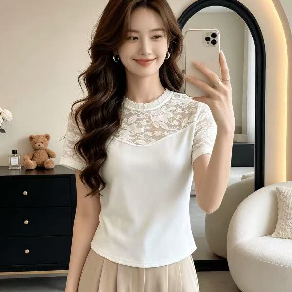 蕾丝拼接短袖T恤打底女2026夏洋气减龄百搭时尚显瘦女式外搭小衫