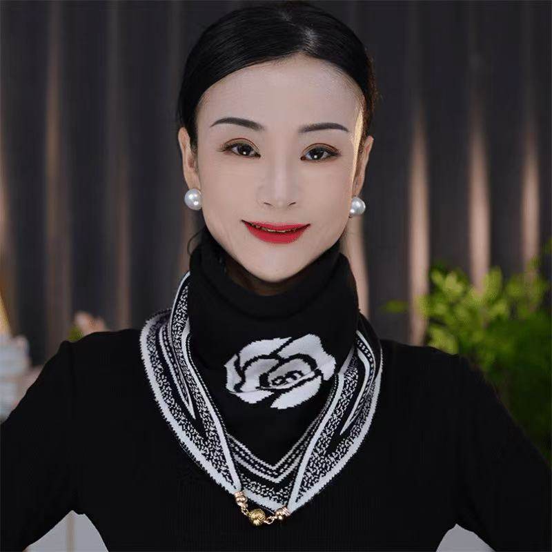 2025新山茶花秋冬围脖保暖双色磁扣双面针织百搭三角巾保暖围巾