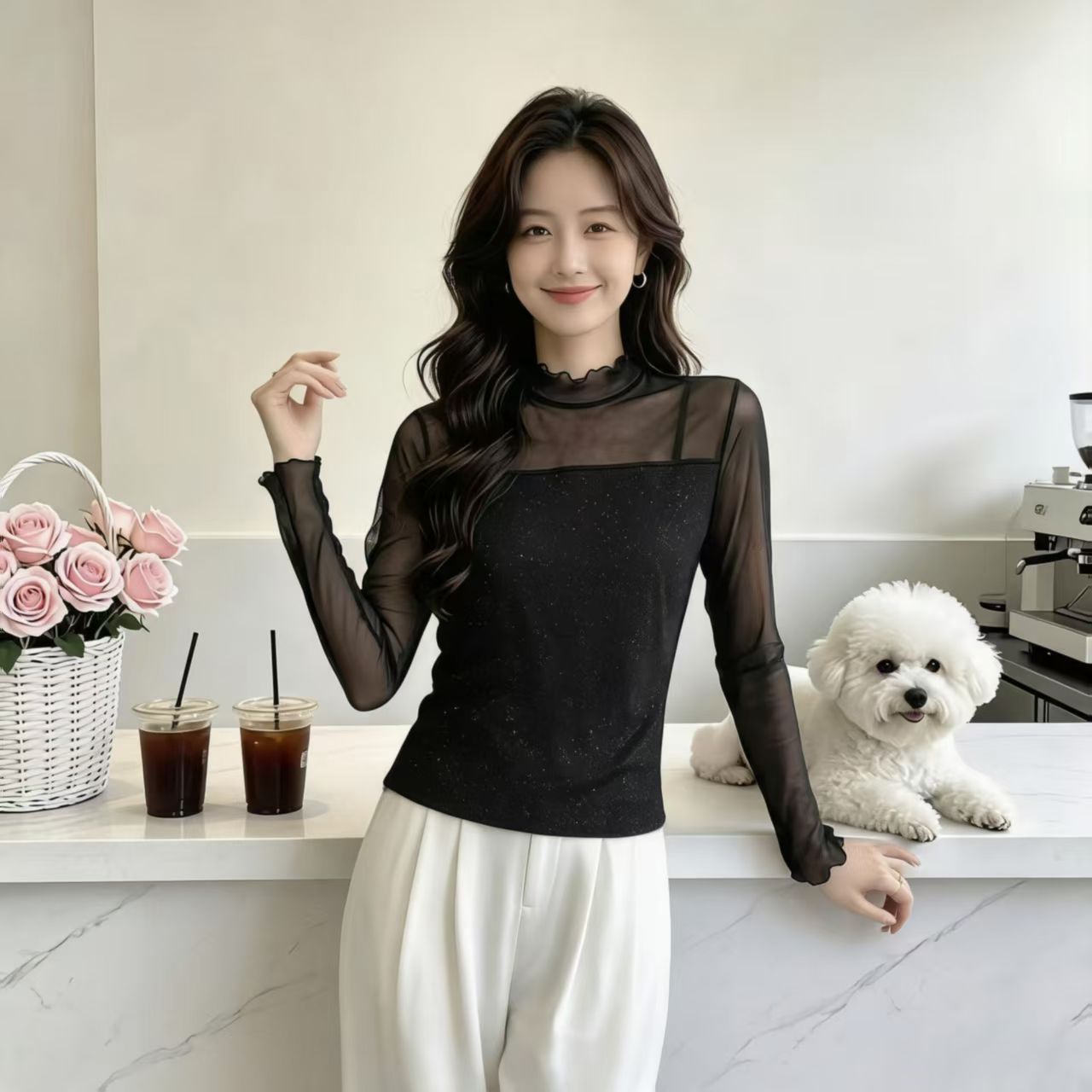 半高领木耳边网纱打底女闪光长袖修身洋气叠穿内搭上衣