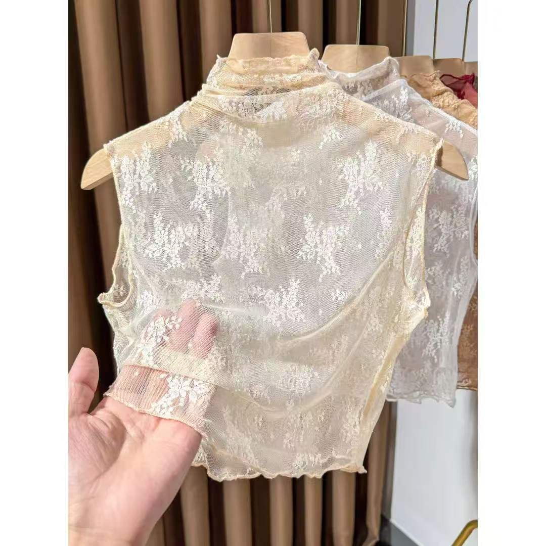 木耳边蕾丝气质显瘦打底衫女爆款2026新款夏季网纱高档内搭上衣图片