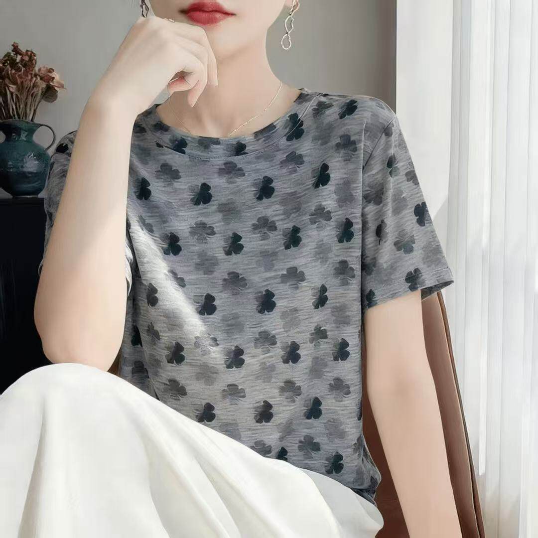 2026夏季新款大码女装胖妈妈弹力轻薄印花短袖T恤女宽松遮肉上衣
