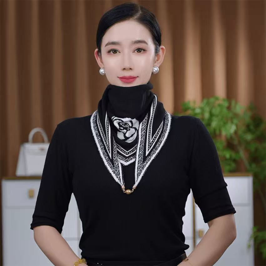 秋冬季女士新款时尚气质韩版百搭山茶花拼色磁扣三角围巾针织围脖
