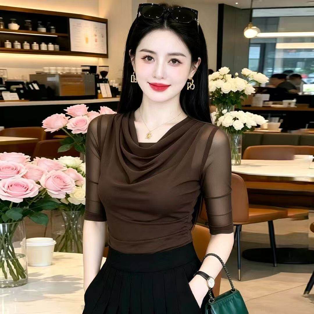 网纱短袖T恤女款春夏季新款洋气时髦小衫内搭打底衫蕾丝上衣