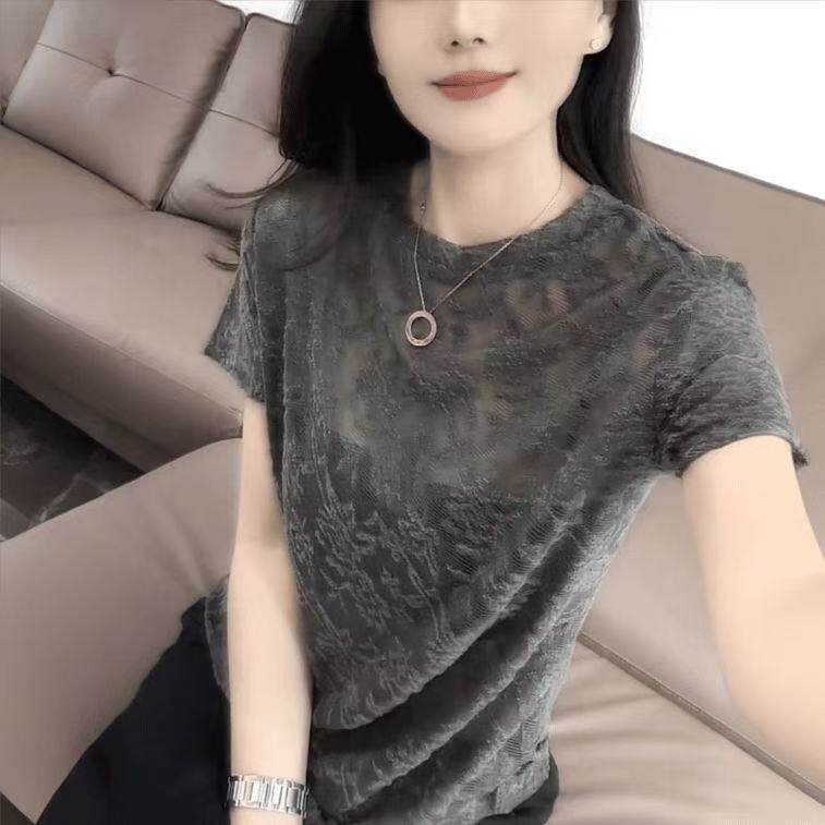 设计感提花网纱蕾丝拼接圆领短袖冰丝小衫t恤女修身显瘦打底衫