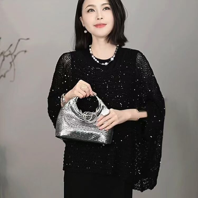 韩版女款宽松镂空亮片蝙蝠袖针织衫黑色上衣女装长袖显瘦百搭气质