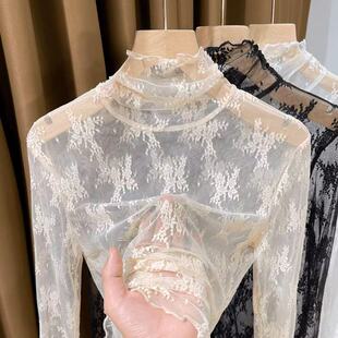 蕾丝打底衫女爆款2026新款黑色网纱内搭叠穿透明薄纱镂空上衣