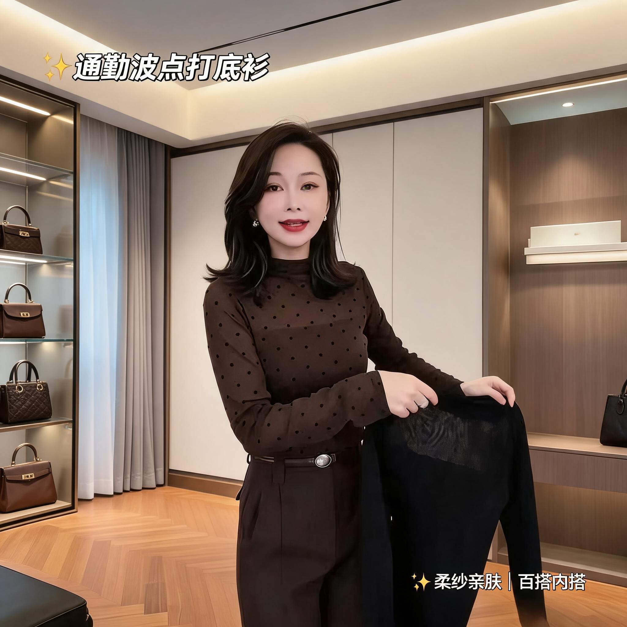 秋季女士半高领长袖打底衫波点网纱质感显瘦修身简约百搭T恤小衫