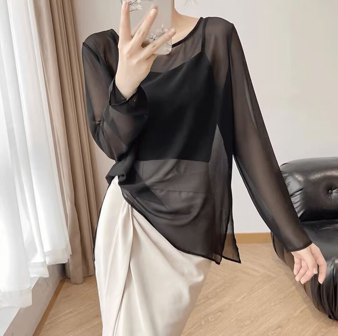 2025新款高级感衬衫长袖轻奢薄款宽松圆领上衣防晒衣女衬衣罩衫