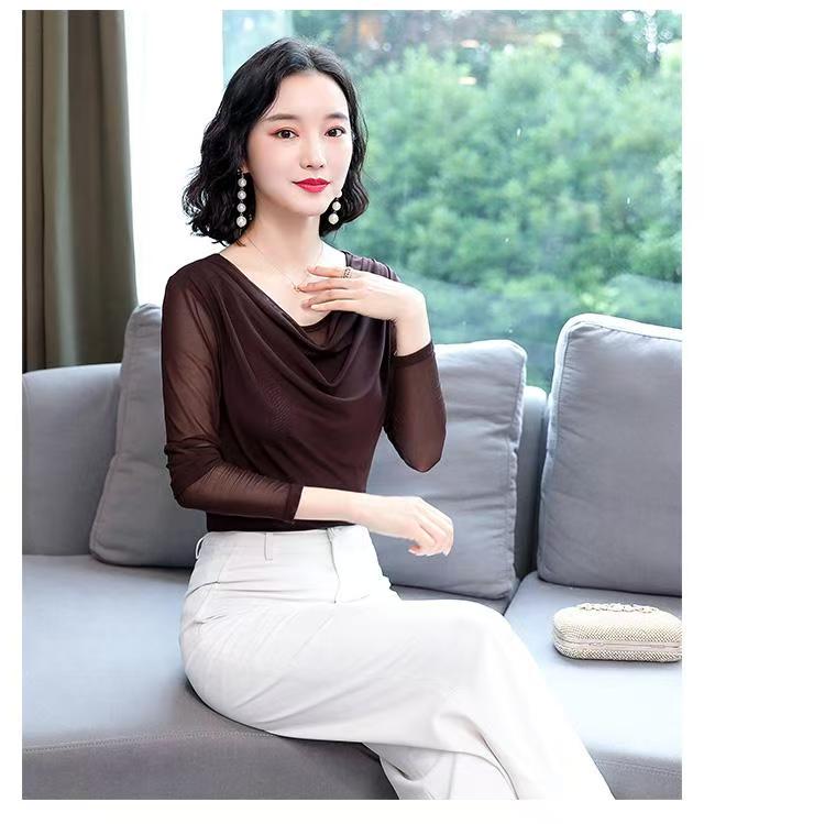 时尚荡领长袖网纱打底衫女秋装内搭薄款修身恤秋衣外穿洋气上衣