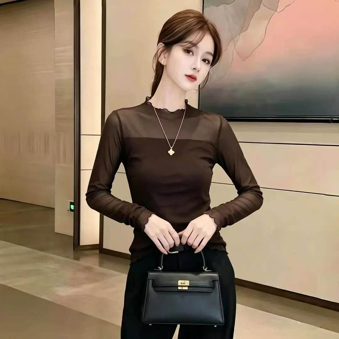 半高领网纱透视长袖T恤女