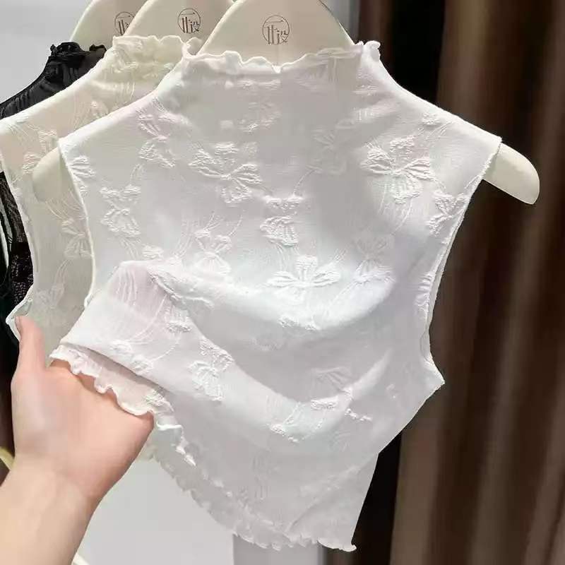 半高领网纱叠穿打底衫女春秋季木耳边无袖背心内搭薄款蕾丝假领子