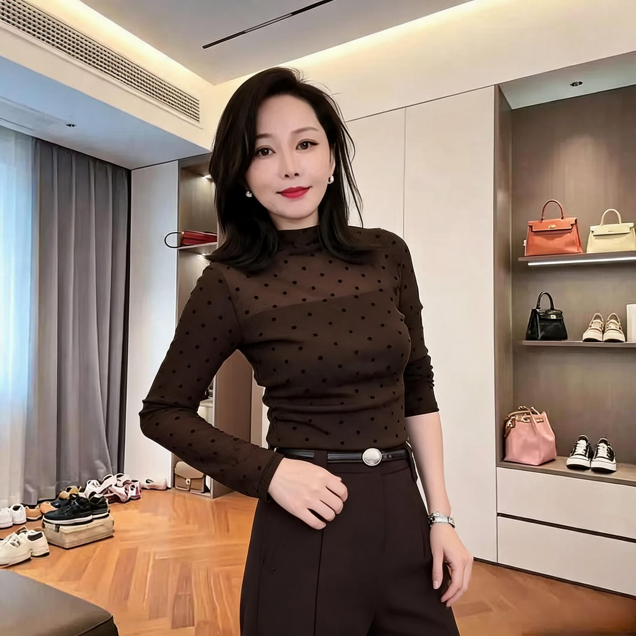 简约半高领波点网纱打底衫女秋天长袖洋气显瘦百搭弹力女士T恤