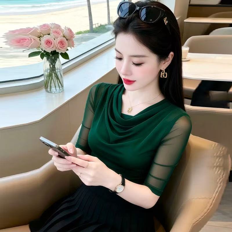 洋气绿色薄款五分袖透气蕾丝短袖夏季新款网纱T恤修身气质小衫女