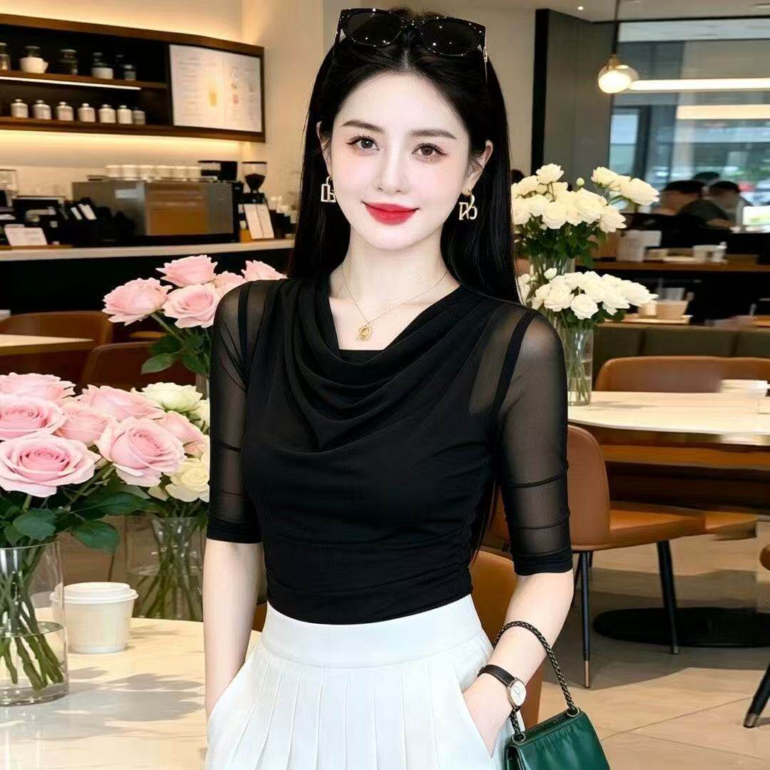 网纱短袖T恤女款春夏季新款洋气时髦小衫内搭打底衫蕾丝上衣