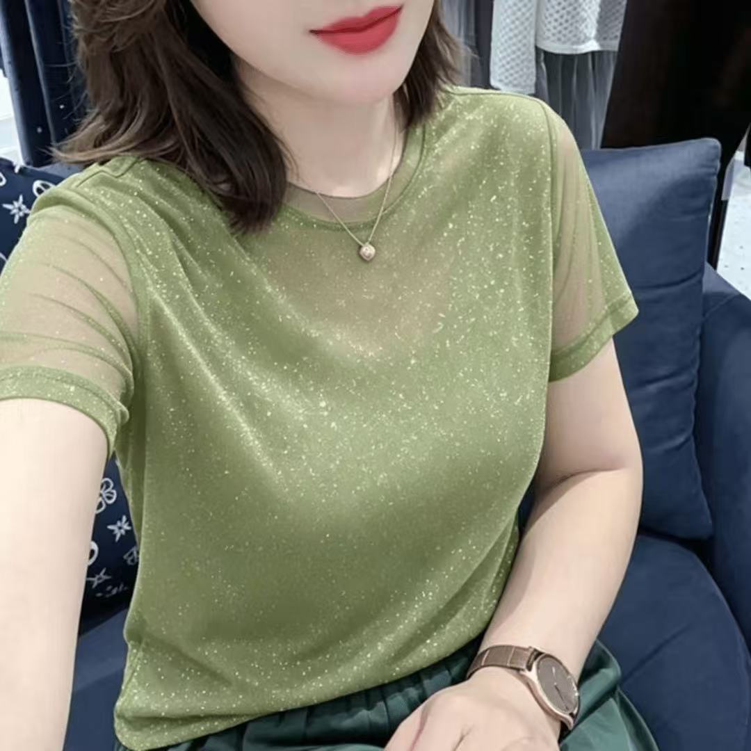 夏季新款气质百搭修身圆领亮丝网纱打底衫短袖t恤女修身显瘦纱衣