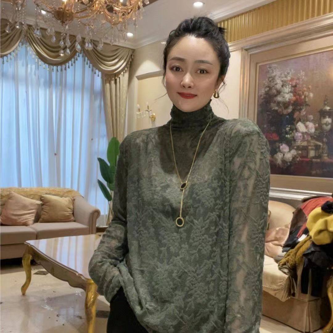 网红秋冬气质高领蕾丝衫女宽松大码镂空长袖舒适免打底内搭上衣