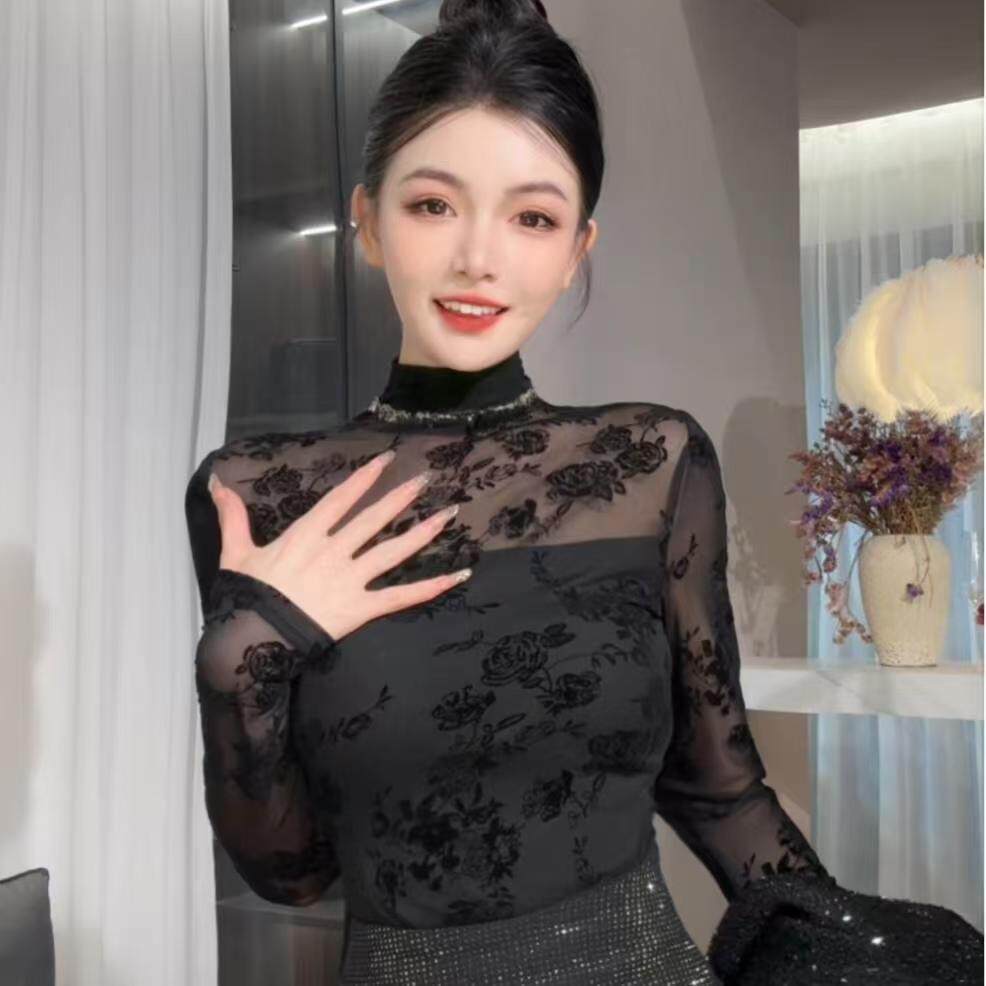 黑色时尚蕾丝植绒半高领长袖T恤女秋冬季新款高级感内搭上衣ins潮