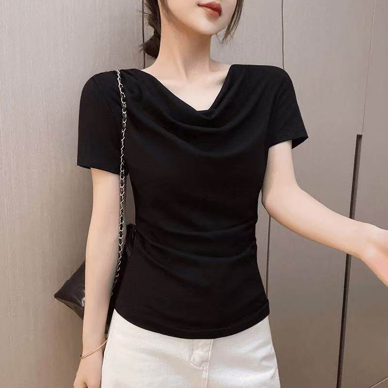 【洋气百搭】夏季不规则纯欲风设计感荡领口正肩显瘦短袖T恤女