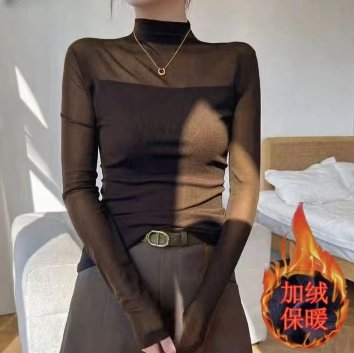 半高领黑色网纱性感透视长袖T恤女秋冬洋气打底衫独特漂亮女装