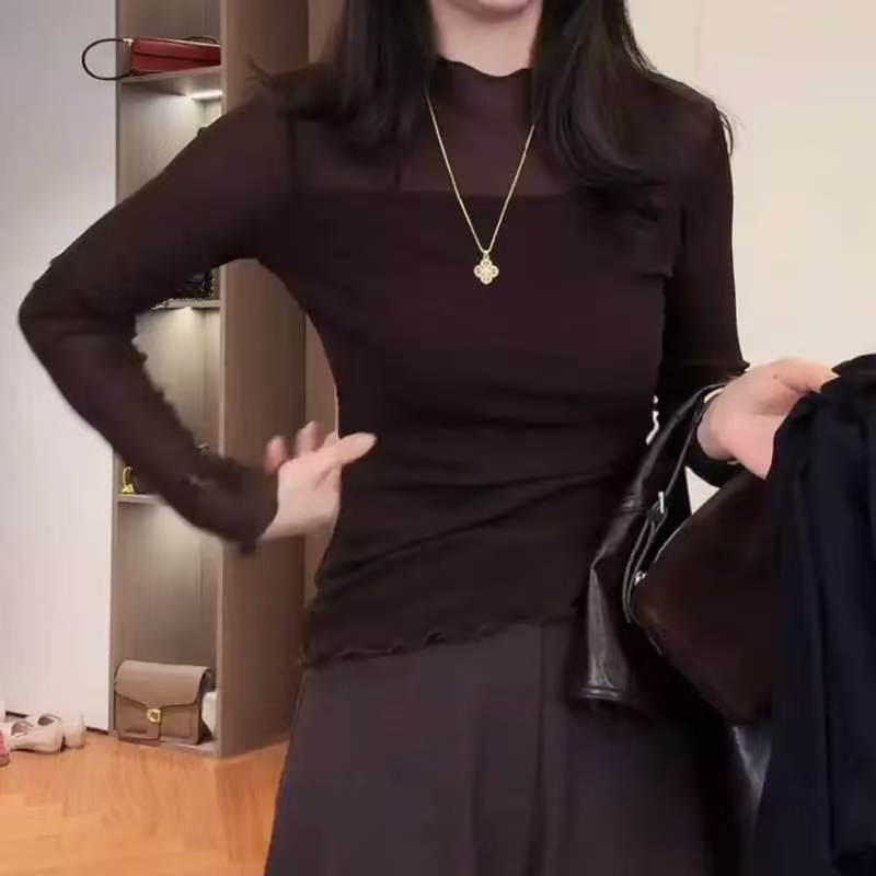 韩系半高领网纱打底衫女木耳边袖口长袖洋气修身内搭蕾丝上衣