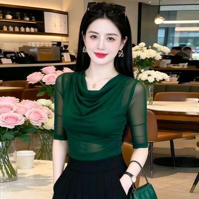 夏季网红堆堆领网纱上衣女 修身轻奢显白通勤绿色气质小衫