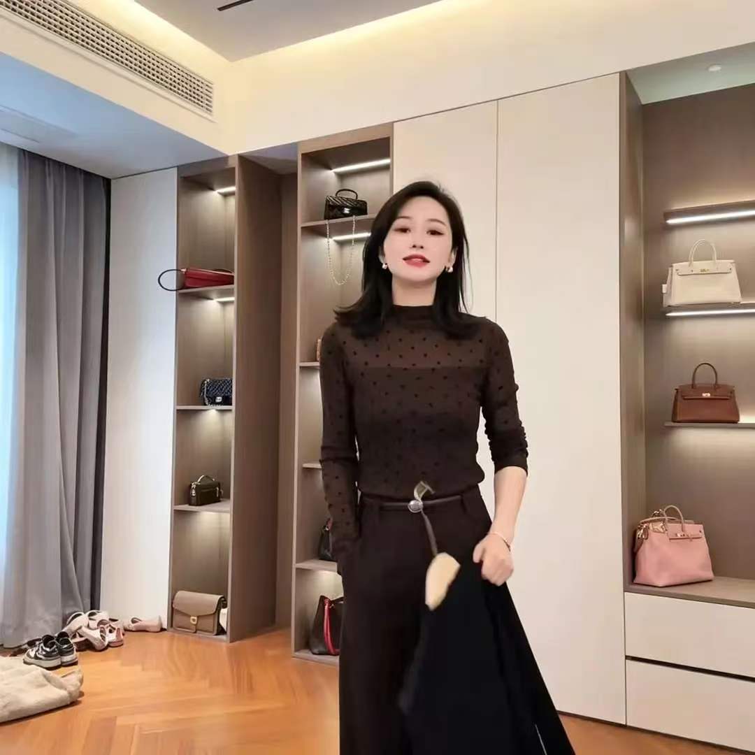 半高领波点网纱打底衫女秋冬新款修身显瘦气质百搭长袖内搭上衣