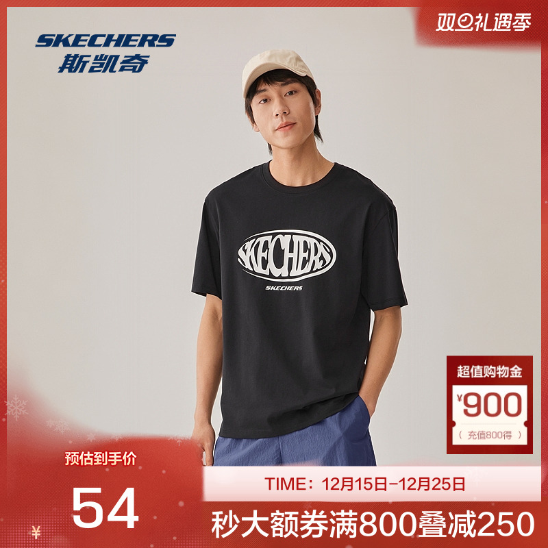 Skechers夏季男女同款运动休闲T恤宽松圆领短袖舒适透气印花时尚
