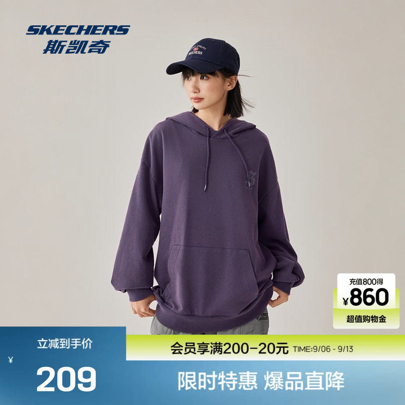 斯凯奇连帽卫衣中性款套头宽松舒适实用帽绳标识印花设计