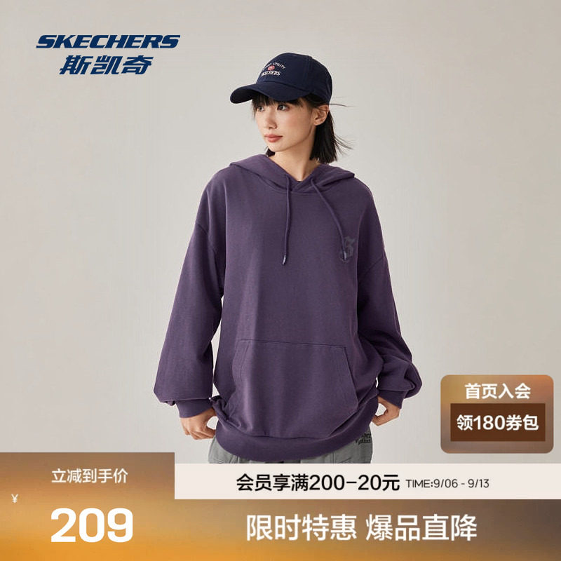斯凯奇连帽卫衣中性款套头宽松舒适实用帽绳标识印花设计