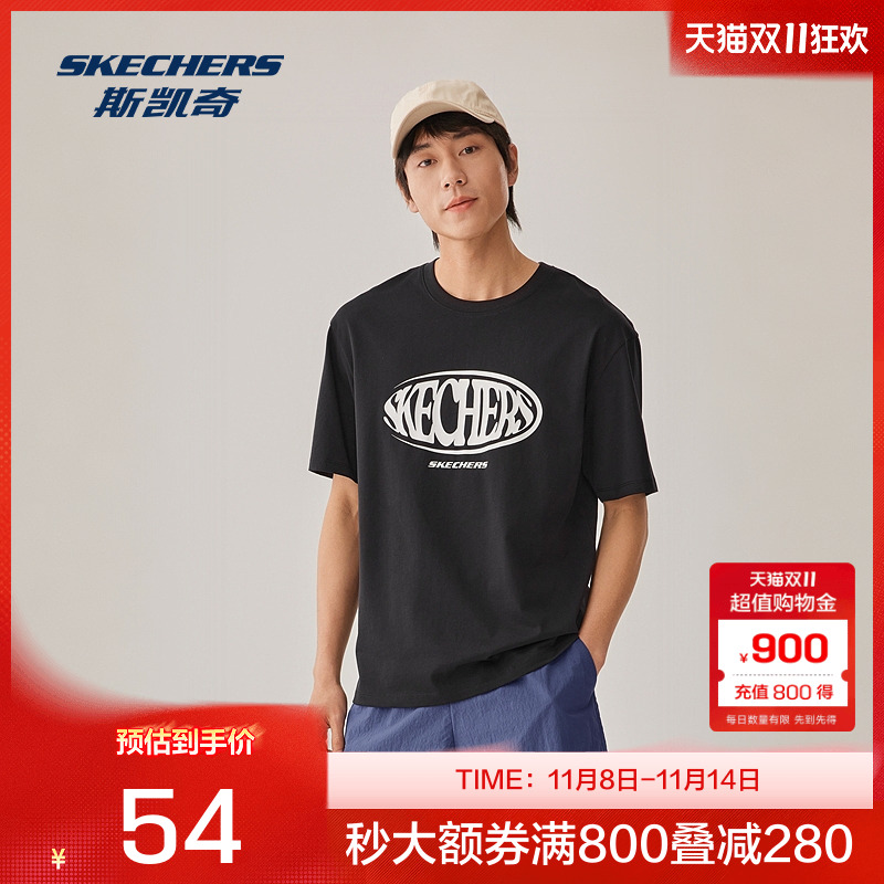 Skechers夏季男女同款运动休闲T恤宽松圆领短袖舒适透气印花时尚