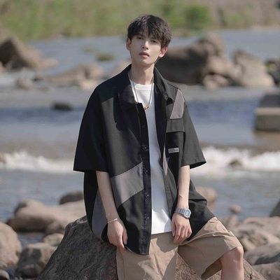 美式复古短袖衬衫男士夏季新款