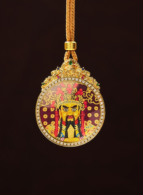 藏式黄铜画框描金唐卡吊坠五条莲花经文双面八大守护神黄财神五爷