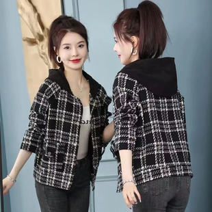 加绒加厚羊羔绒2023冬季新款短款小个子大衣连帽格子妈妈女士外套