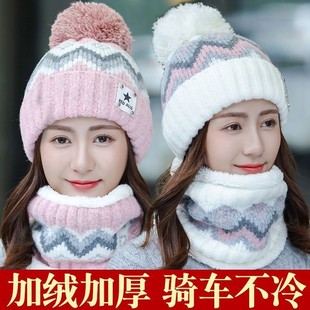 秋冬帽子围巾一体可爱骑车加绒针织帽女保暖月子帽百搭冬天毛线帽