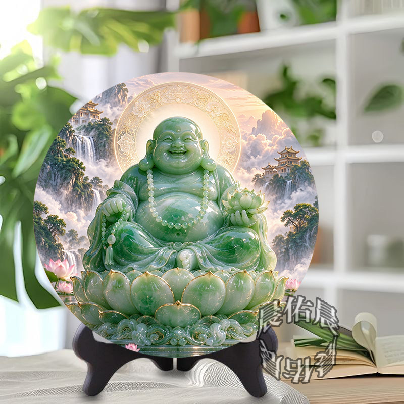 翡翠玉石质感弥勒佛坐莲圆形摆台佛堂相框摆件平安装饰画