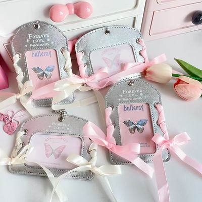 ins芭蕾银色皮质高颜值PU卡套三寸小卡展示挂件保护套diy丝带卡套