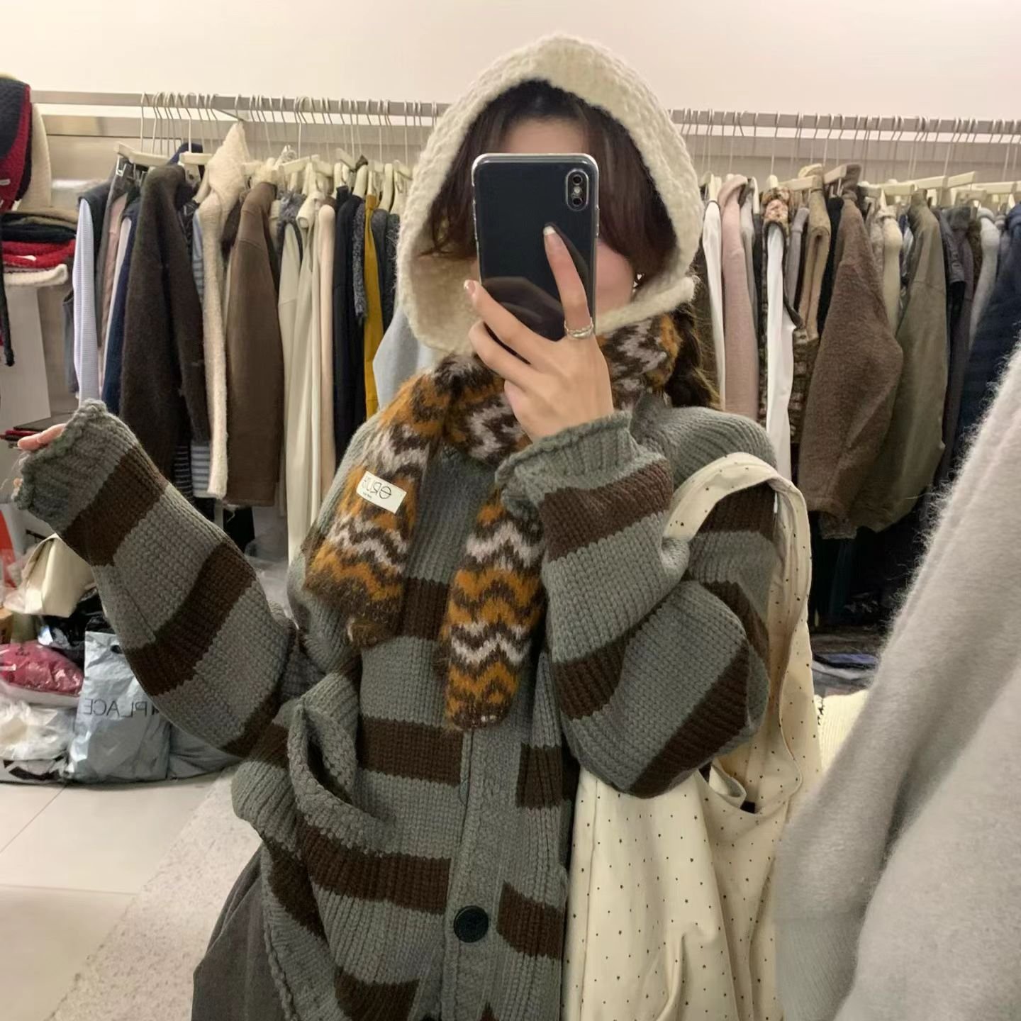 韩系高级粗线圆领条纹拼色休闲毛衣开衫外套女慵懒宽松洋气针织衫