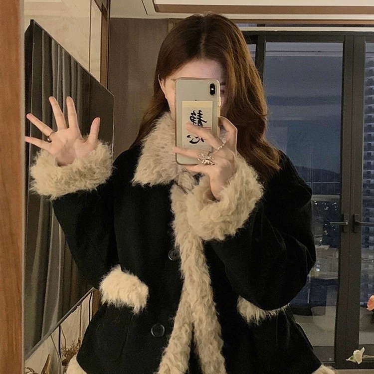 2025冬新款小香风羊羔毛外套女黑色灯芯绒环保皮草小个子毛绒上衣