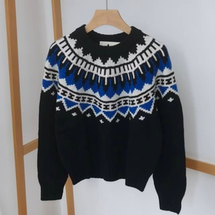 女装保暖毛衣 吉杼歆RL女士冬季圆领长袖黑色几何羊毛宽松针织衫