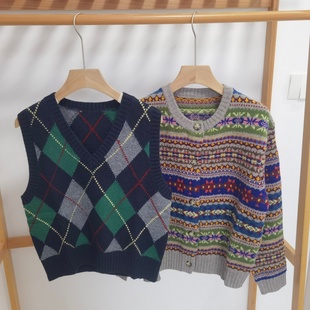 女士V领马甲 吉杼歆RL女装秋冬圆领长袖菱形羊毛针织毛衣背心外套