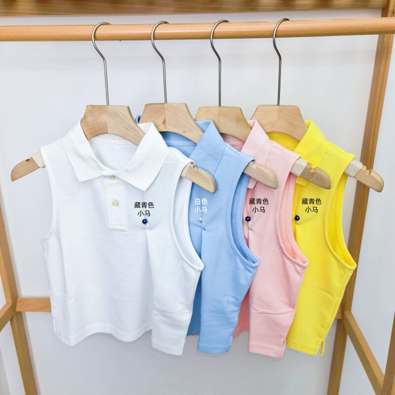 女装夏背心 吉杼歆RL女士纯色翻领小马仔珠地棉无袖polo休闲上衣