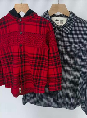 吉杼歆RL儿童秋冬红色格子连帽休闲运动外套黑白小格翻领磨毛衬衫