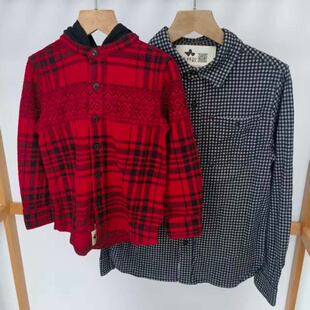 吉杼歆RL儿童秋冬红色格子连帽休闲运动外套黑白小格翻领磨毛衬衫