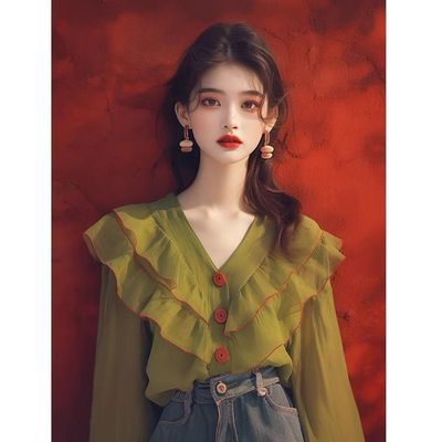法式绿色荷叶边衬衫女2025秋新款小众长袖衬衣V领上衣气质优雅