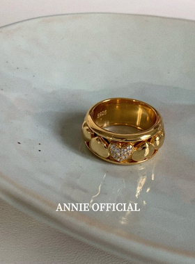 自制小众设计高级中古vintage纯银爱心戒指时来运转百搭复古指环