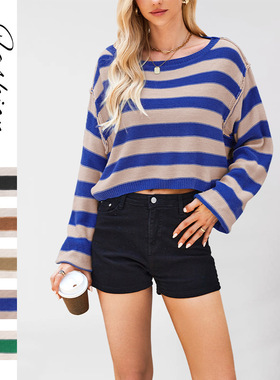 2025秋冬跨境亚马逊temu欧美女装套头毛衣条纹宽松短款针织衫新款