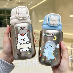 纯钛卡通儿童保温杯创意便携带背带吸管杯高颜值保温壶全钛保温杯