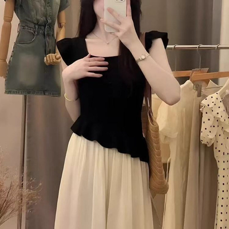 法式短袖假两件连衣裙修身显瘦夏款黑色方领飞飞袖大码胖MM女装裙