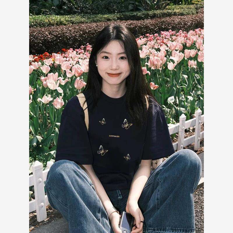 美式复古圆领短袖t恤女夏季2025新款小个子宽松慵懒独特别致上衣