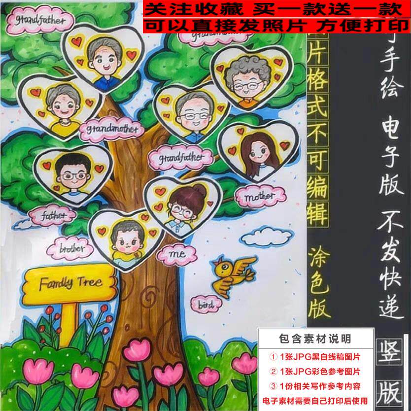 家庭树英语手抄报竖版家庭树小学生电子版我的familytree黑白线稿